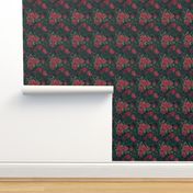 Red Cottage Rose on Dark Teal Green