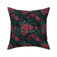 Red Cottage Rose on Dark Teal Green