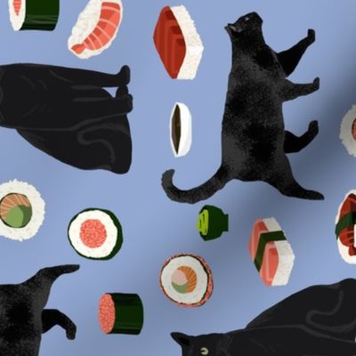 black cat sushi fabric (large scale) cute cats and food fabric design - powder blue