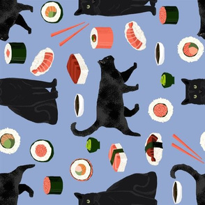 black cat sushi fabric (large scale) cute cats and food fabric design - powder blue