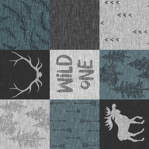 Wild One Quilt - Slate  blue, black, grey - bear, moose, antlers