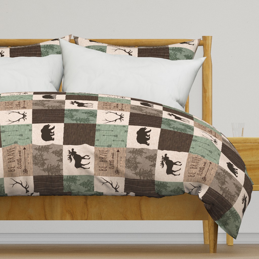 Be Brave Quilt- green and brown - rotated -  moose, bear,  antlers