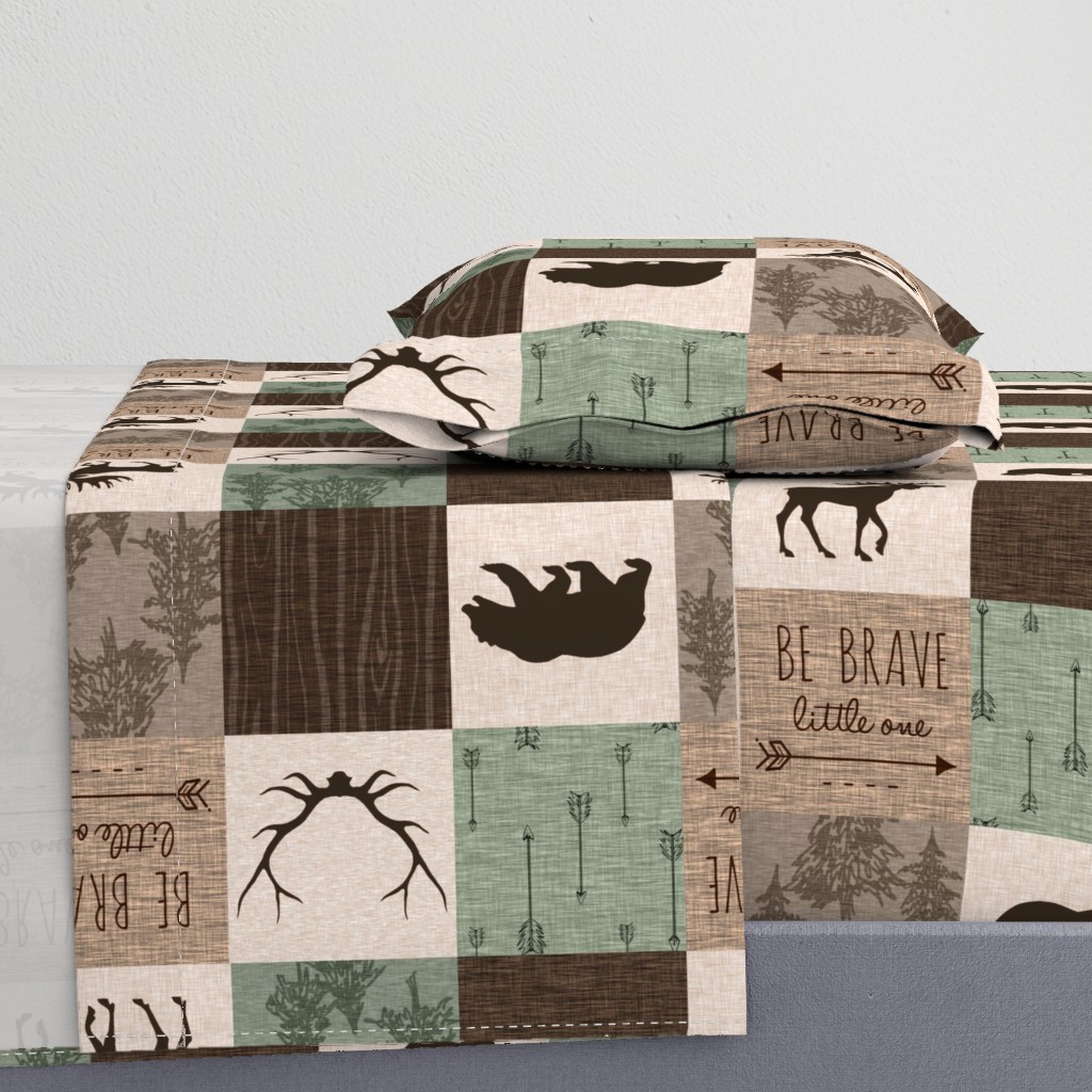 Be Brave Quilt- green and brown - rotated -  moose, bear,  antlers