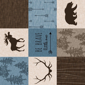 Be Brave Quilt - blue, brown, beige - Rotated - bear,  moose, antlers