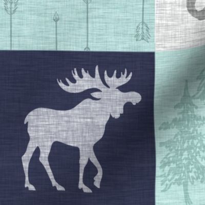 Wild One - mint, navy, grey - bear, moose, antlers - woodland whole cloth quilt