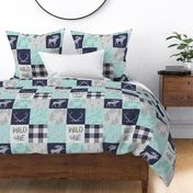 Wild One - mint, navy, grey - bear, moose, antlers - woodland whole cloth quilt