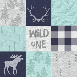 Wild One - mint, navy, grey - bear, moose, antlers - woodland whole cloth quilt