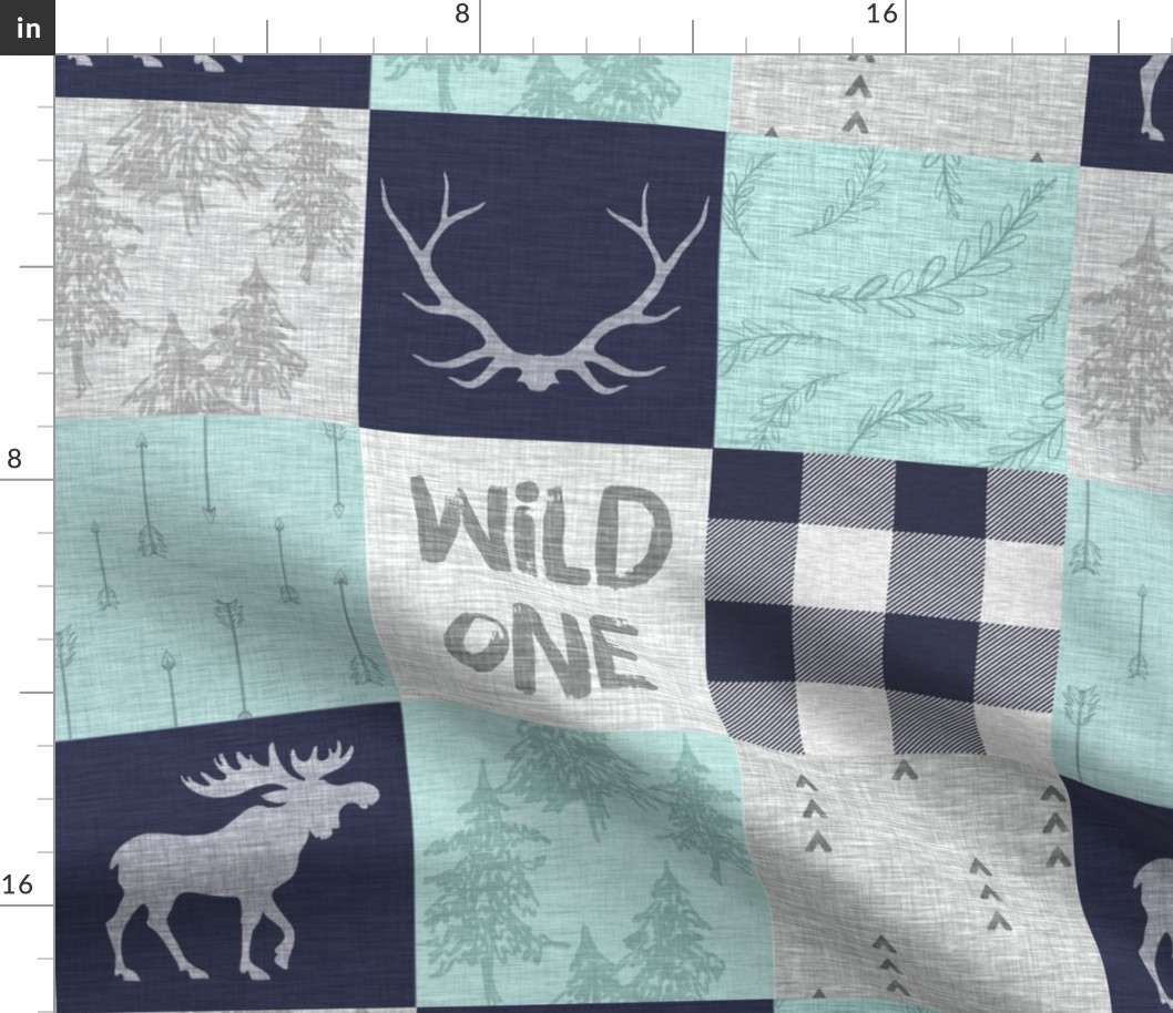 Wild One - mint, navy, grey - bear, moose, antlers - woodland whole cloth quilt