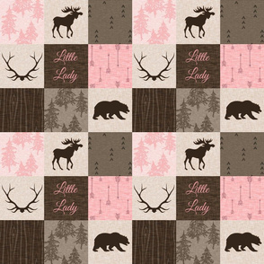 3" Little Lady Quilt - pink and brown - moose, bear, antlers - baby girl