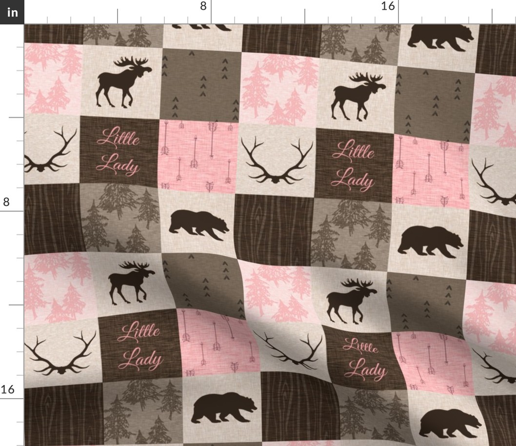 3" Little Lady Quilt - pink and brown - moose, bear, antlers - baby girl