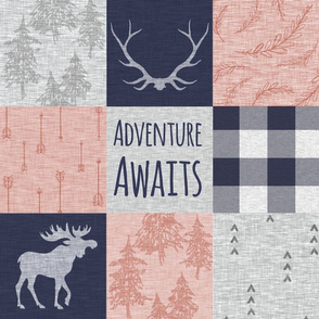 Adventure Awaits Quilt - pink navy and grey - plaid, moose, woodland