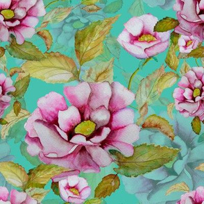 WATERCOLOR PEONIES FLOWERS ON TURQUOISE AQUA