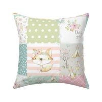 Daddy's Girl WhisperWood Nursery Woodland Patchwork Quilt – Deer Fox Bunny Flowers, pink mint peach gray, Quilt A