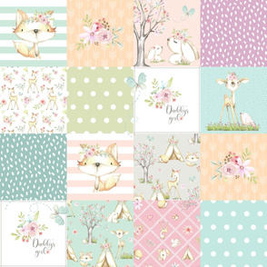 Daddy's Girl WhisperWood Nursery Woodland Patchwork Quilt – Deer Fox Bunny Flowers, pink mint peach gray, Quilt A