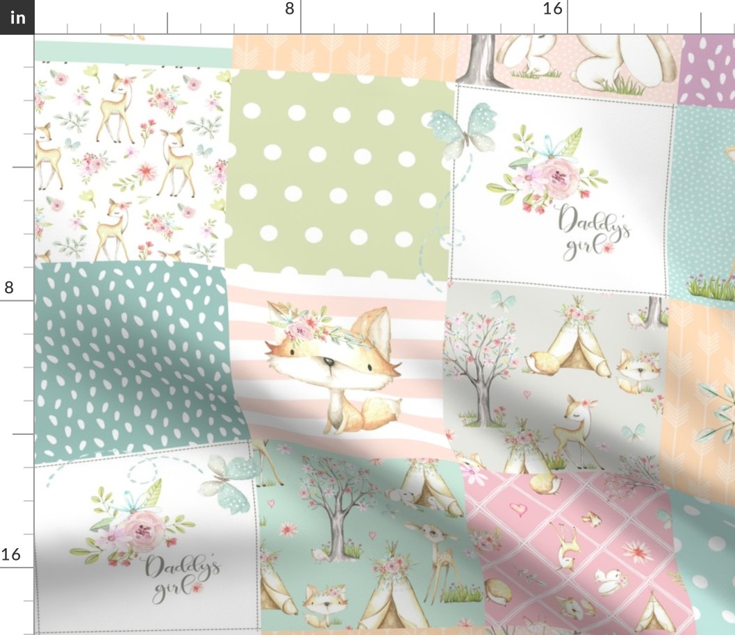 Daddy's Girl WhisperWood Nursery Woodland Patchwork Quilt – Deer Fox Bunny Flowers, pink mint peach gray, Quilt A