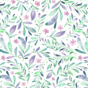 Watercolor Flowers & Branches in Green, Teal, Purple and Blue, SCALE D