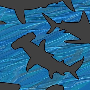 Shark Frenzy - 02 -  Dark Gray Sharks on Blue, Large Scale . . . Shark Week