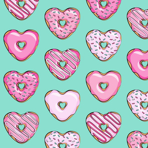 (large scale) heart shaped donuts - valentines pink  on teal