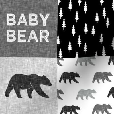 (4" small scale) baby bear patchwork quilt top || monochrome 