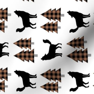 Wolf and Pine Trees (cowboy brown / black plaid) rotated
