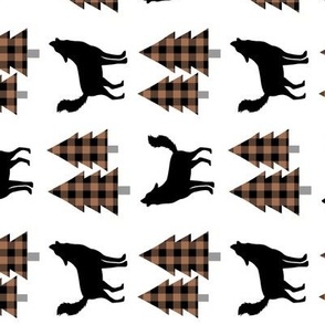 Wolf and Pine Trees (cowboy brown / black plaid) rotated