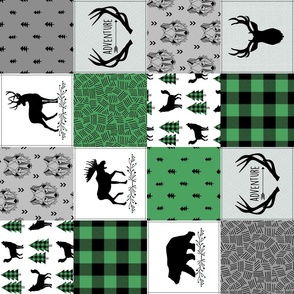 4 1/2" Woodland Adventure Plaid Patchwork - Kelly Green / Black, Gray Cheater Quilt Blanket, GL-KB rotated