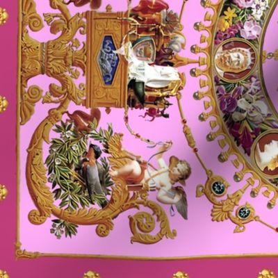 2 horizontal medusa cherubs angels birds gold flowers floral leaves leaf cameo men women portraits acanthus jewels gems pearls wreath borders frames squirrels pigeons doves baroque rococo pink   inspired 