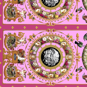 2 horizontal medusa cherubs angels birds gold flowers floral leaves leaf cameo men women portraits acanthus jewels gems pearls wreath borders frames squirrels pigeons doves baroque rococo pink   inspired 