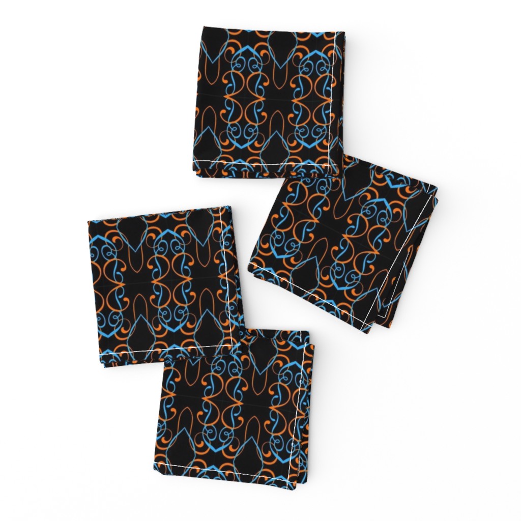 sky blue and orange swirls on black