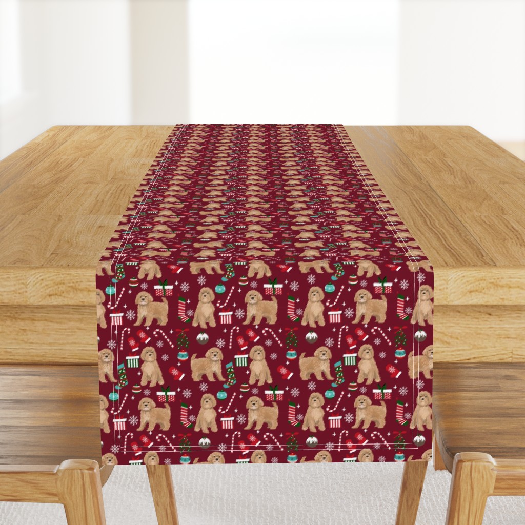 Cavoodle beige christmas holiday presents candy canes winter snowflakes dog fabric ruby