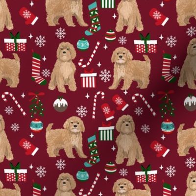 Cavoodle beige christmas holiday presents candy canes winter snowflakes dog fabric ruby