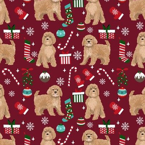 Cavoodle beige christmas holiday presents candy canes winter snowflakes dog fabric ruby