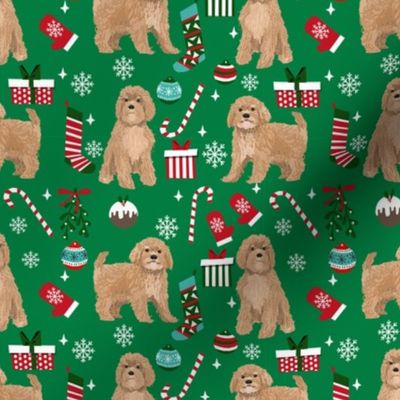 Cavoodle beige christmas holiday presents candy canes winter snowflakes dog fabric green