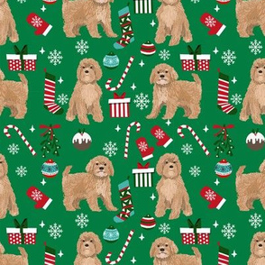 Cavoodle beige christmas holiday presents candy canes winter snowflakes dog fabric green