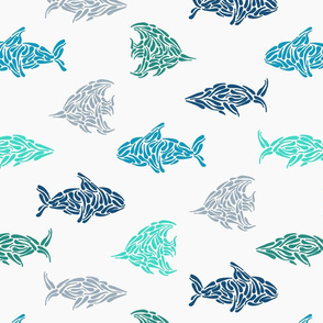 Hand-Drawn Fish and Whales in Blue, Teal and Green