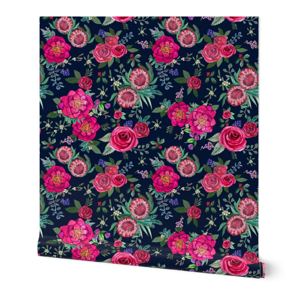 Dark blue Christmas Floral  in navy & Pink watercolor