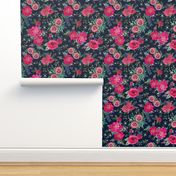 Dark blue Christmas Floral  in navy & Pink watercolor