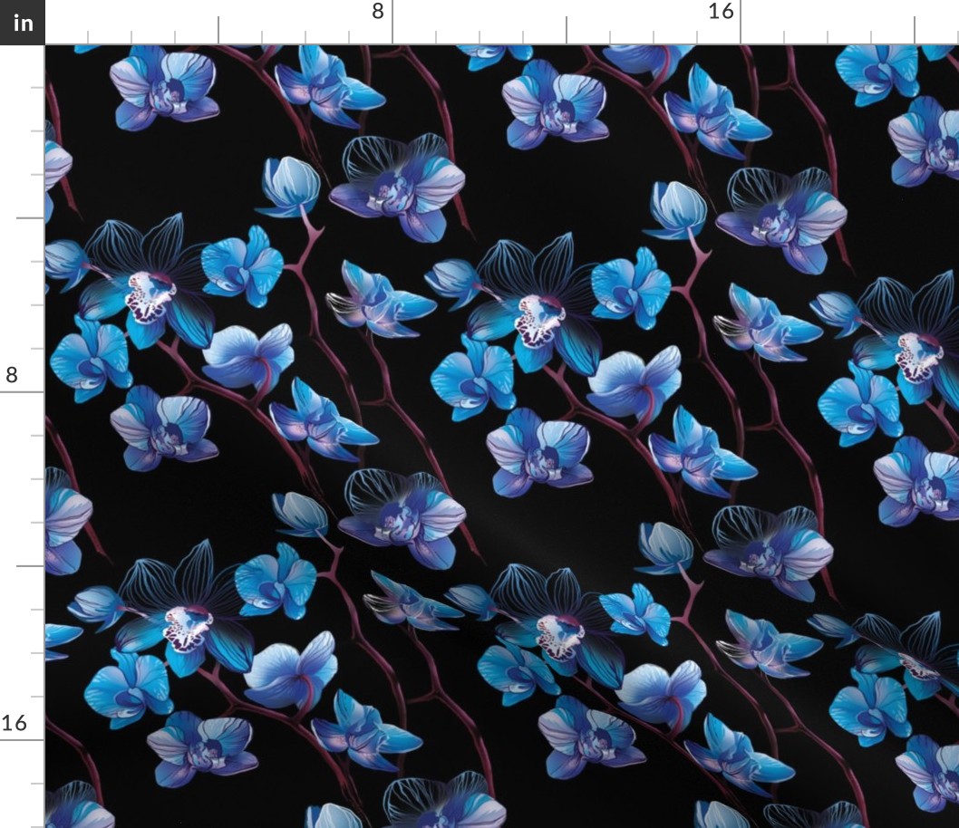 Blumen, Blaue Blumen, schwarzer Hintergrund, blau und schwarz, Blumenmotiv  Stoffe | Spoonflower