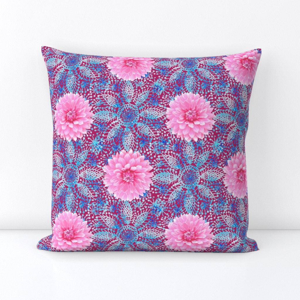 Rustic pink Dahlia on blue lace (magenta)