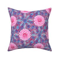 Rustic pink Dahlia on blue lace (magenta)