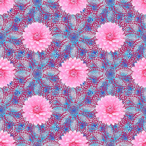 Rustic pink Dahlia on blue lace (magenta)