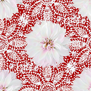 Rustic white Dahlia on white lace (red)