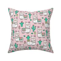 llamas  Alpaca Cactus & Flowers on Light Pink