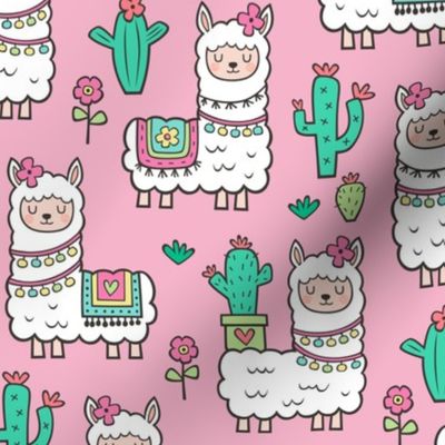llamas  Alpaca Cactus & Flowers on Pink