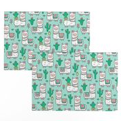 llamas  Alpaca Cactus & Flowers on Mint Green