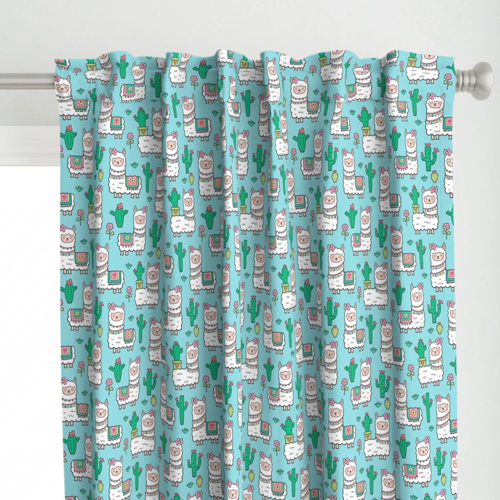 llamas  Alpaca Cactus & Flowers on Light Blue