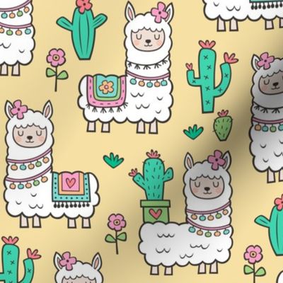 Llamas  Alpaca Cactus & Flowers on Yellow