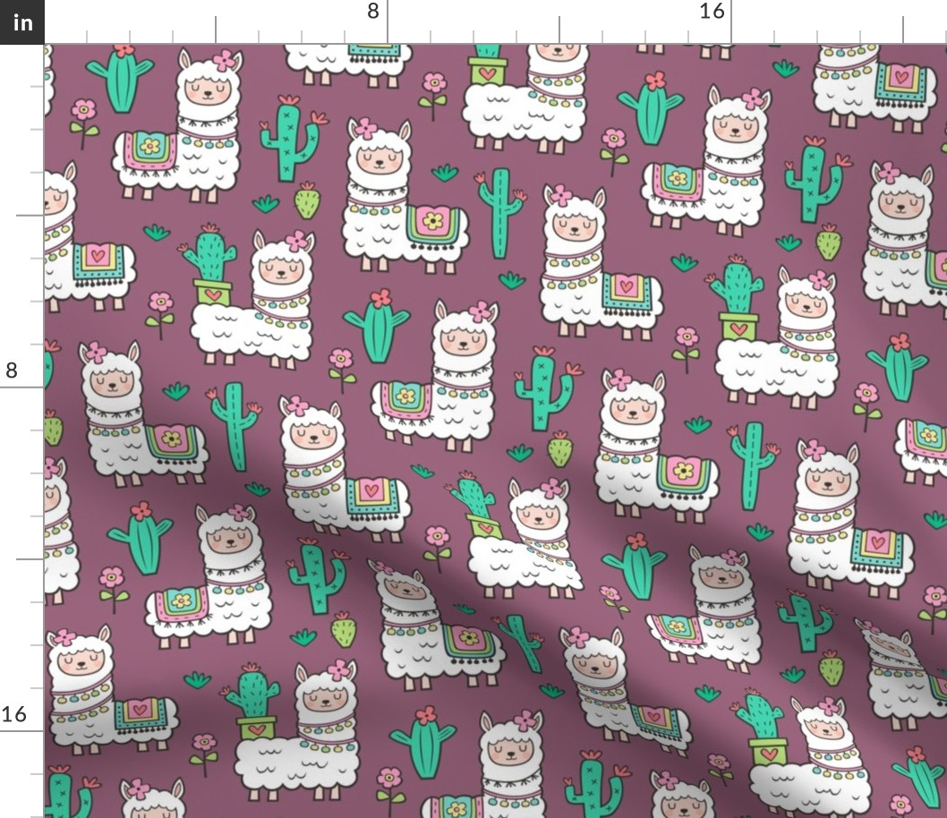 llamas  Alpaca Cactus & Flowers on Mauve