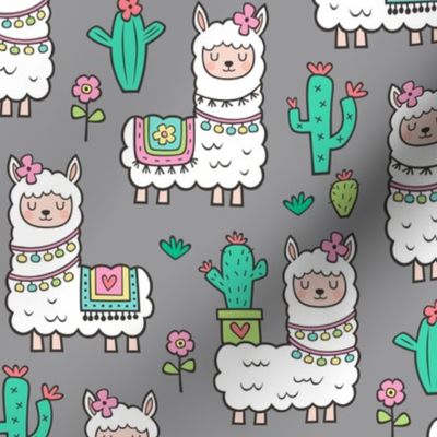 llamas  Alpaca Cactus & Flowers on Grey