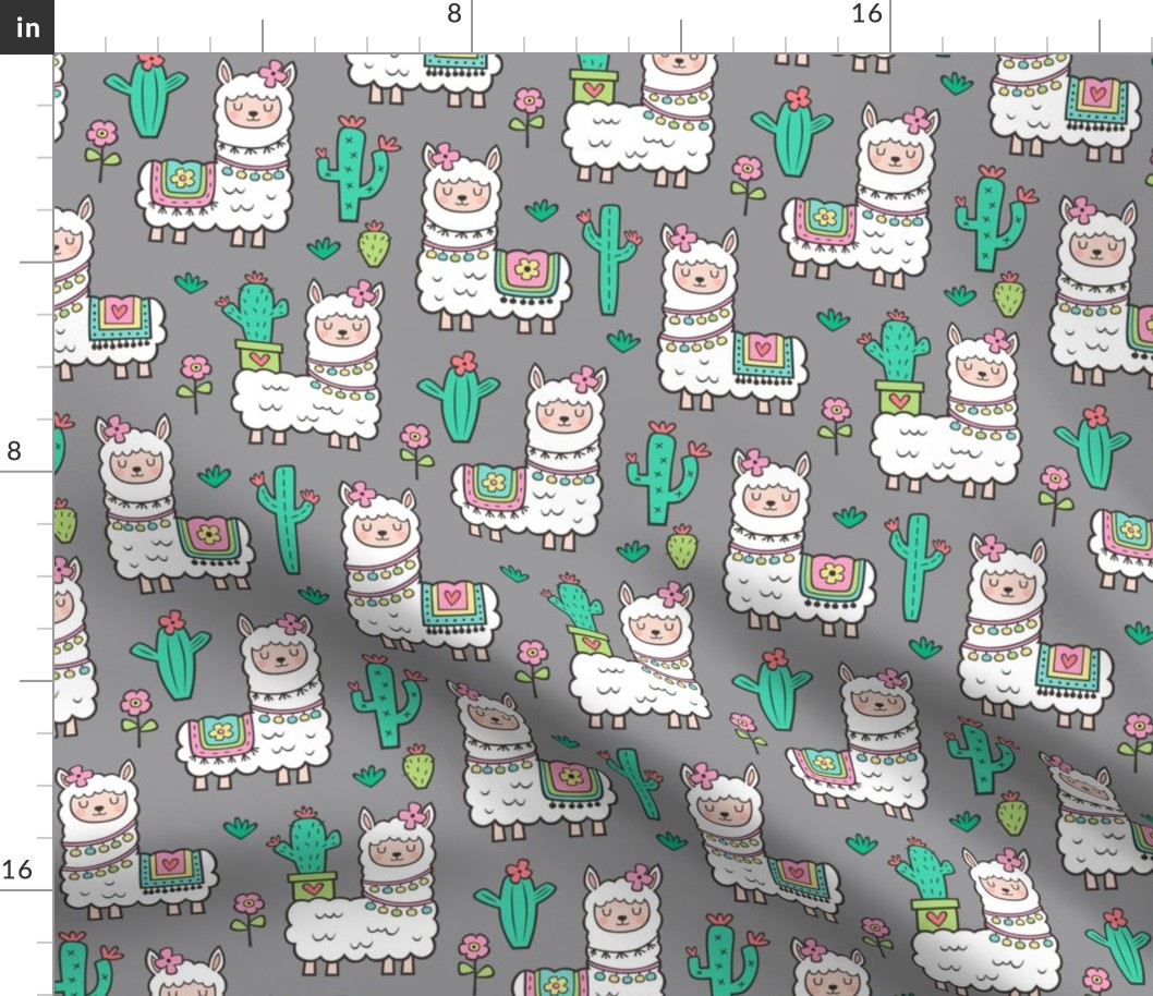 llamas  Alpaca Cactus & Flowers on Grey